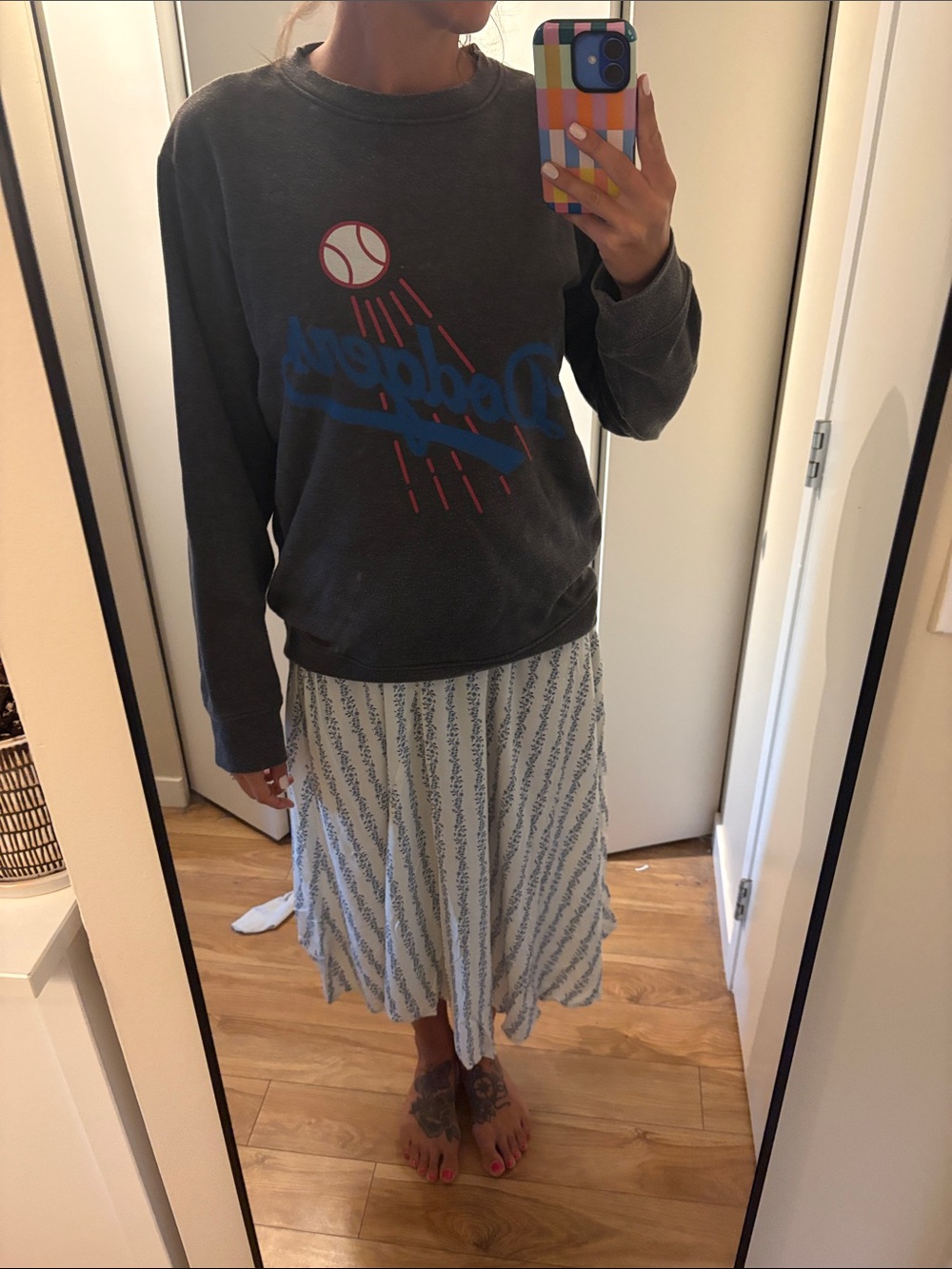 Fanatics Dodgers Charcoal Crewneck with Blue Script and Red Accents